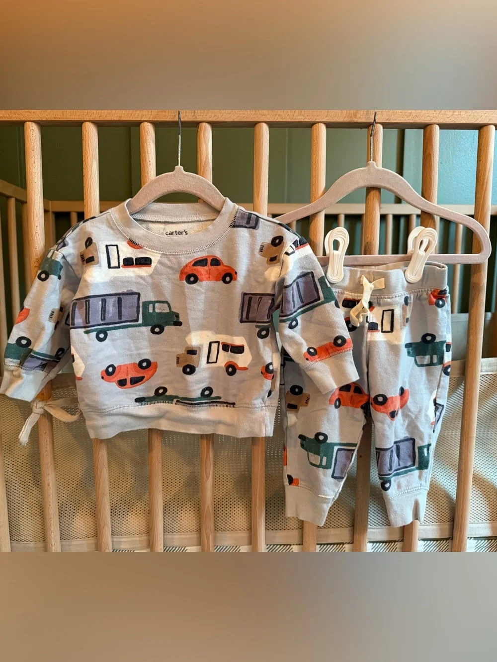 Carter’s Baby Light Gray Vehicle Print Matching Outfit Set - Orange & Green